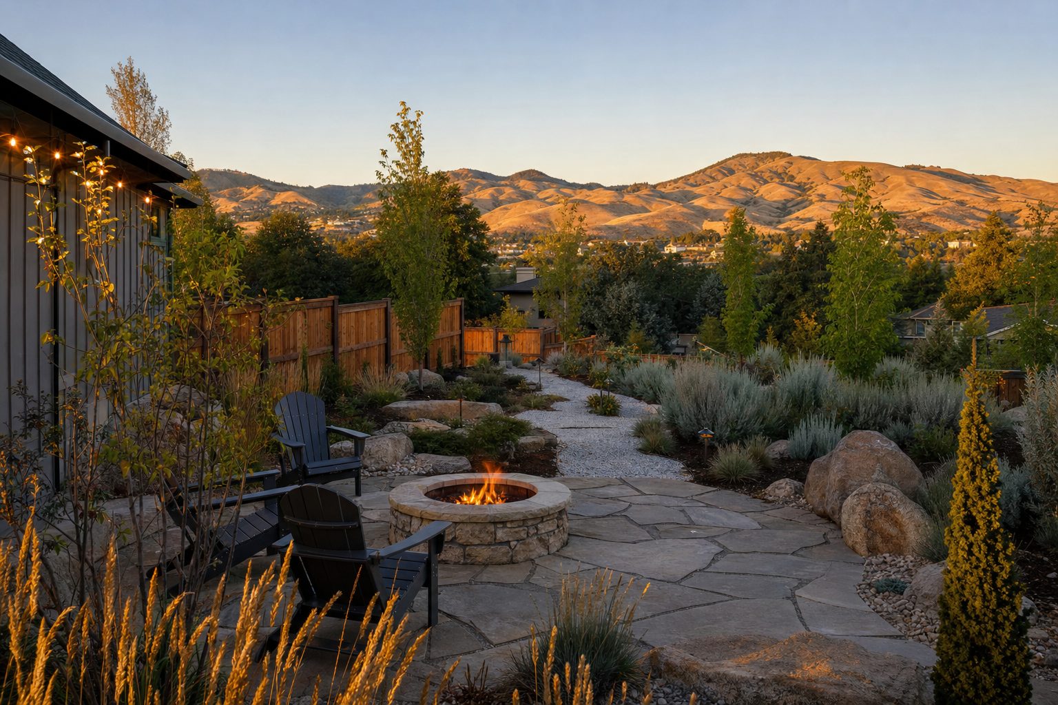 A beautifully transformed Treasure Valley backyard with a flagstone patio, stone fire pit, drought-tolerant ornamental grasses and native sage plants, gravel garden path, and the Boise Foothills in the background at golden hour