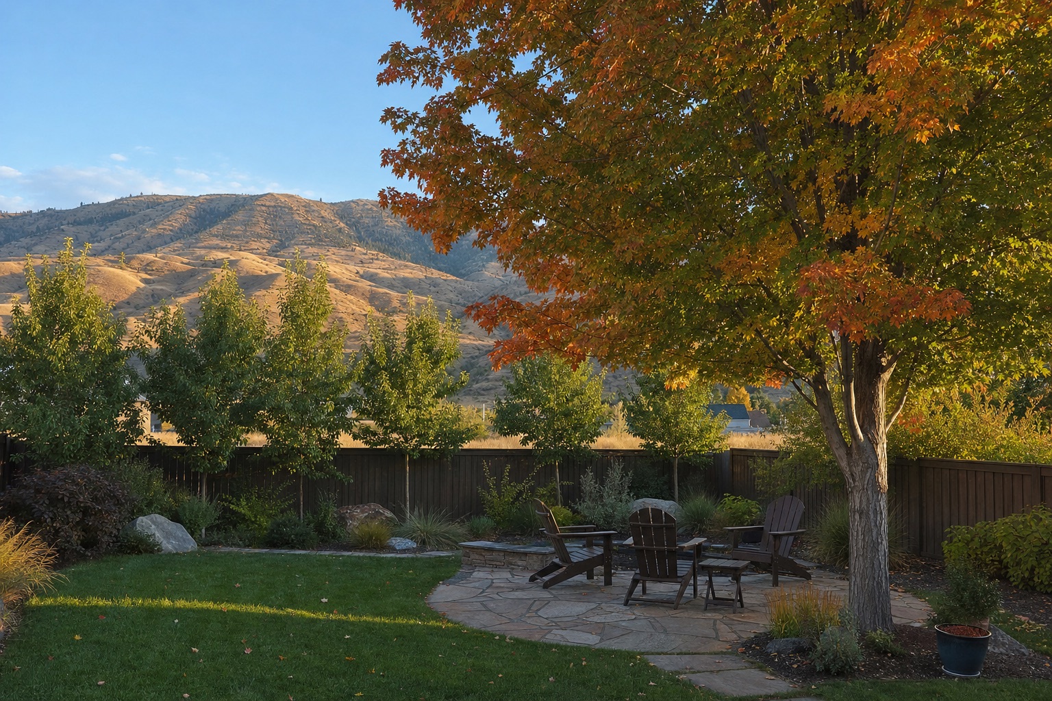 Mature Autumn Blaze maple with early orange fall color shading a flagstone patio in a Treasure Valley backyard, younger hackberry trees along fence line, Boise Foothills in background, late summer golden hour