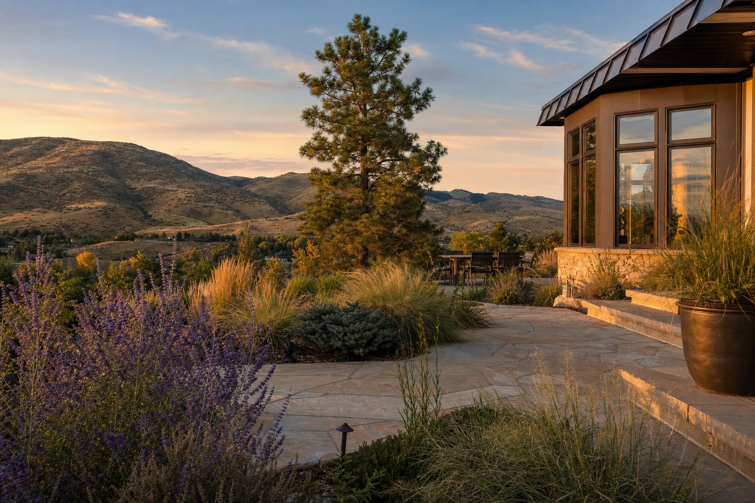Boise, Idaho residential landscape with mature trees, Boise Foothills backdrop, native sagebrush, ornamental grasses, and a flagstone patio in a high-desert setting