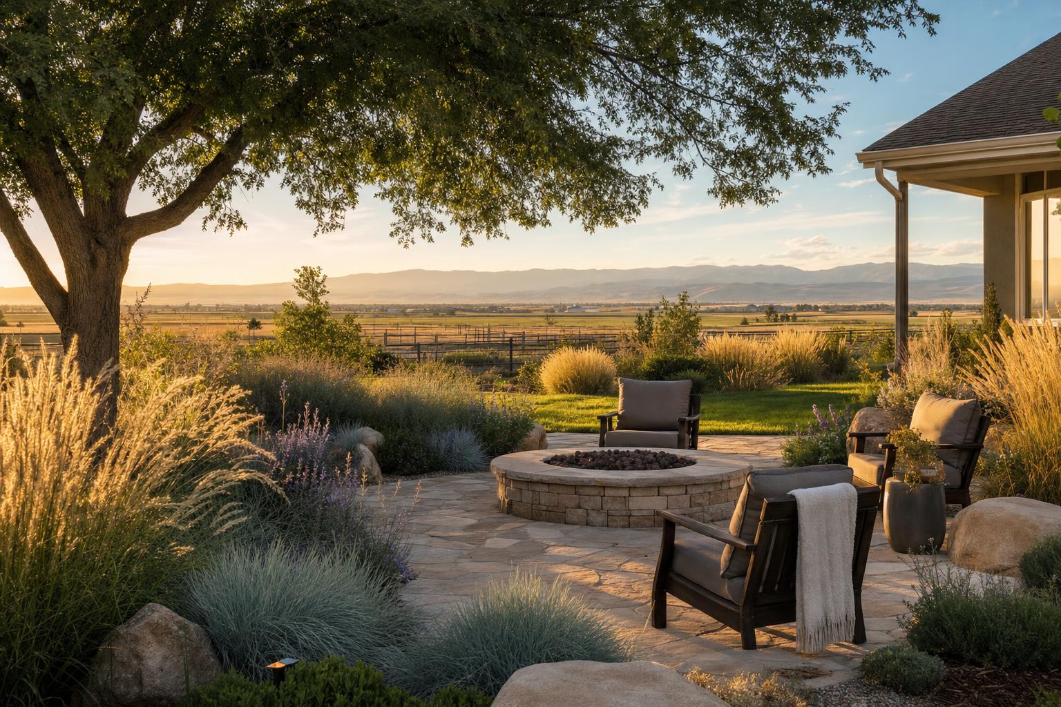 Caldwell, Idaho residential landscape with flagstone patio, fire pit, drought-tolerant ornamental grasses, Russian sage, lavender, and mature hackberry tree with distant views of agricultural fields and the Owyhee Mountains
