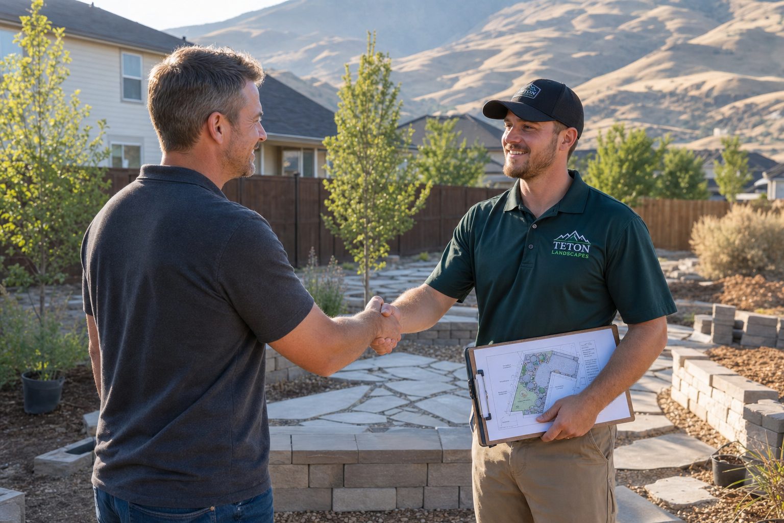 Homeowner shaking hands with a professional landscape contractor in a Treasure Valley front yard with a paver patio project in progress and Boise foothills in the background