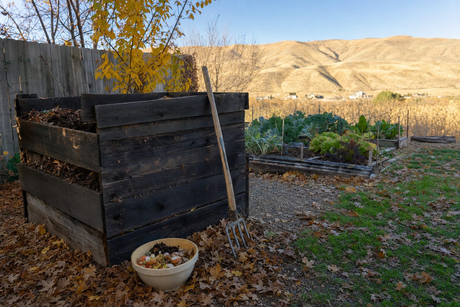 Wooden slat compost bin in a Treasure Valley backyard garden, rich dark compost inside with a garden fork leaning against it, autumn leaves and kitchen scraps nearby, golden Boise foothills in the background under a clear blue sky