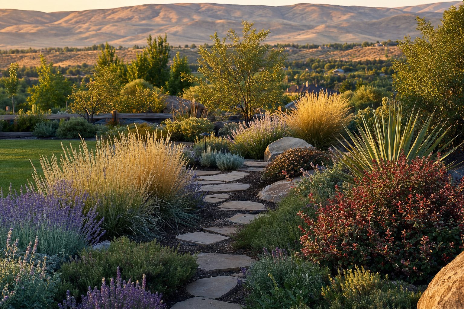 Deer-resistant Treasure Valley garden with Russian sage, lavender, yucca, and ornamental grasses in the Boise Foothills at golden hour