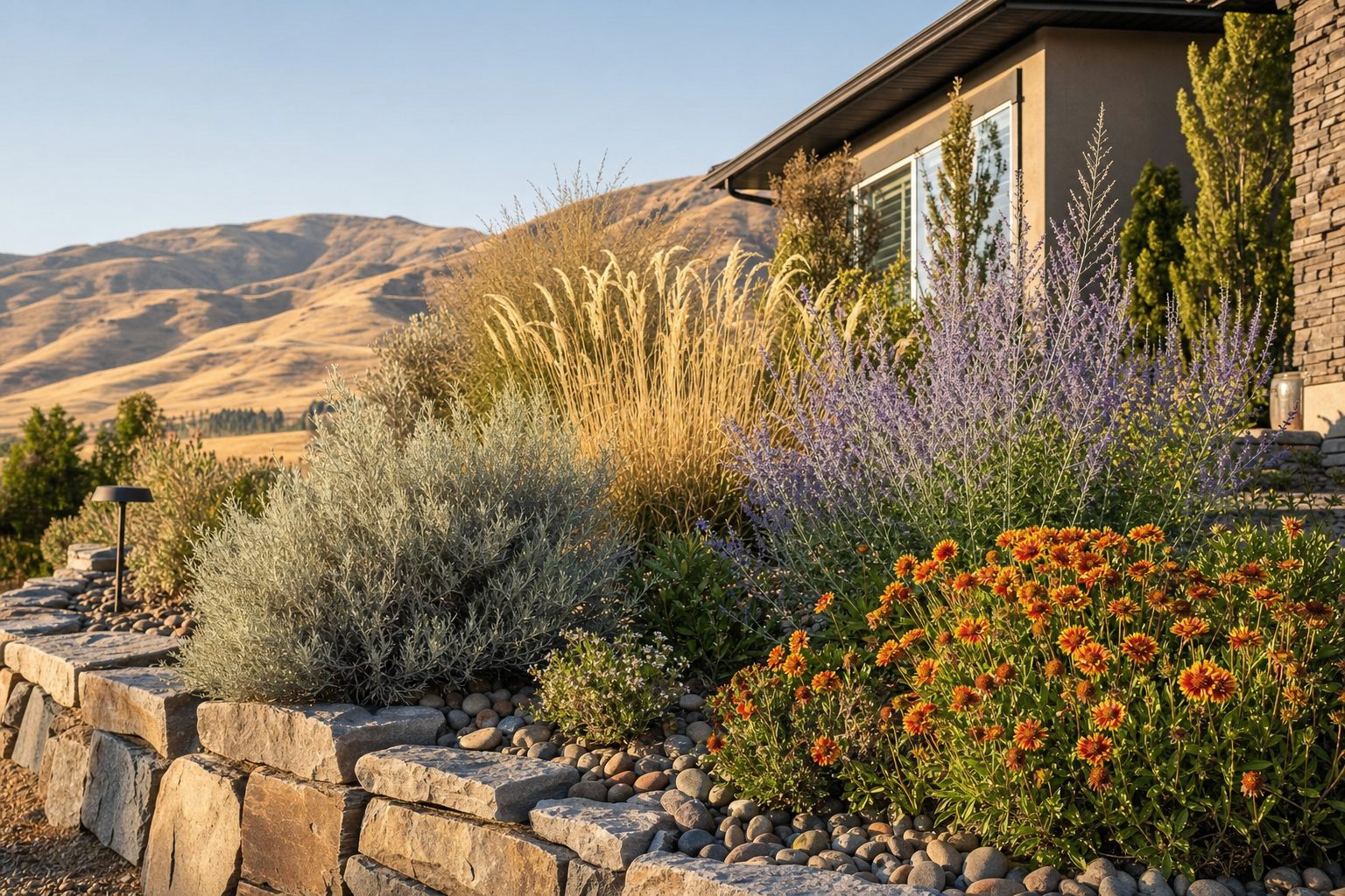 A drought-tolerant Treasure Valley front yard with silvery sagebrush, purple Russian sage, orange blanket flower, ornamental grasses, and river rock mulch against Idaho foothills