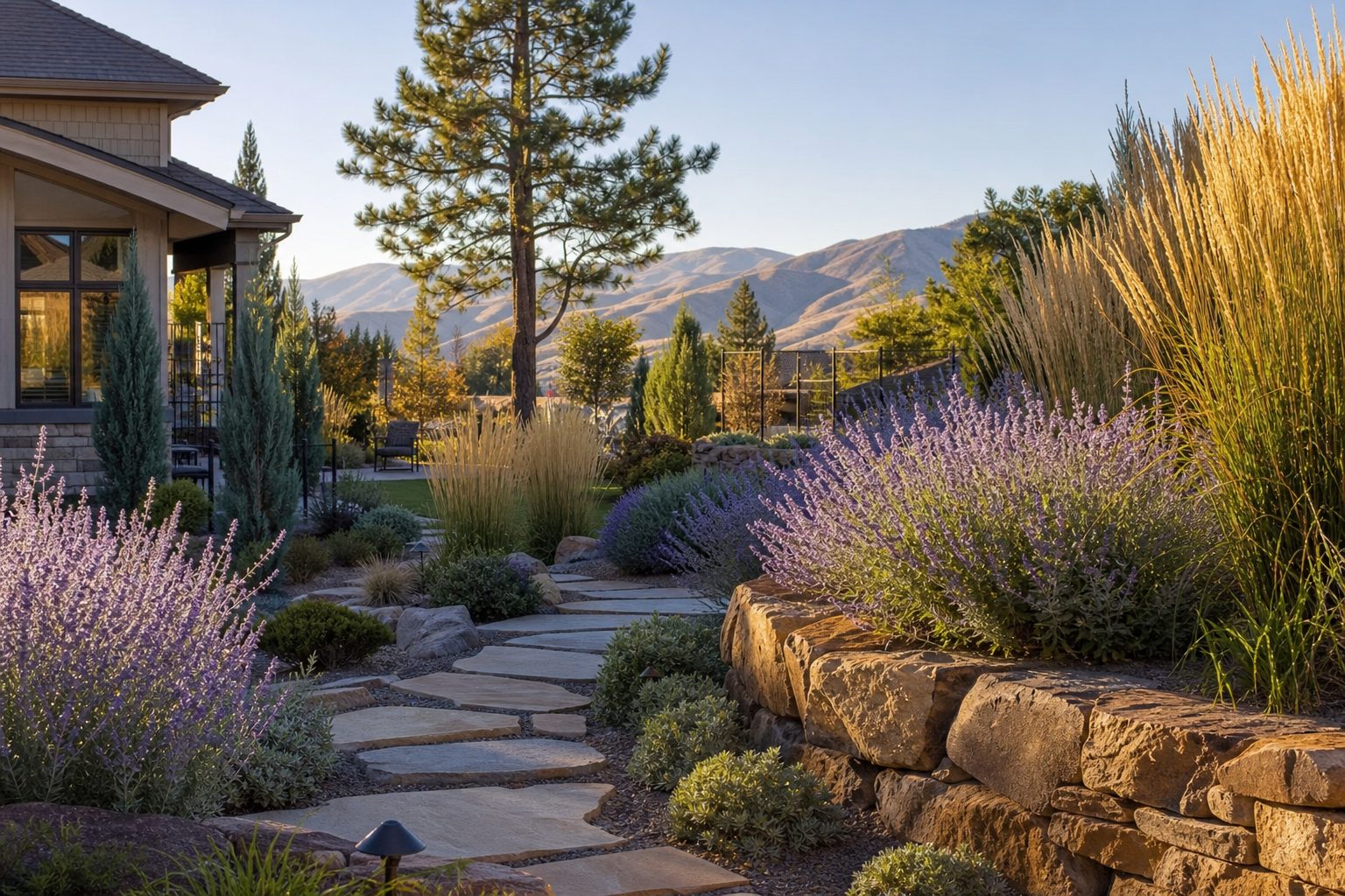 Eagle, Idaho foothills estate landscape with dry-stack stone retaining wall, Karl Foerster feather reed grass, Russian sage, Blue Arrow junipers, flagstone pathway, and Ponderosa pine in a Treasure Valley backyard