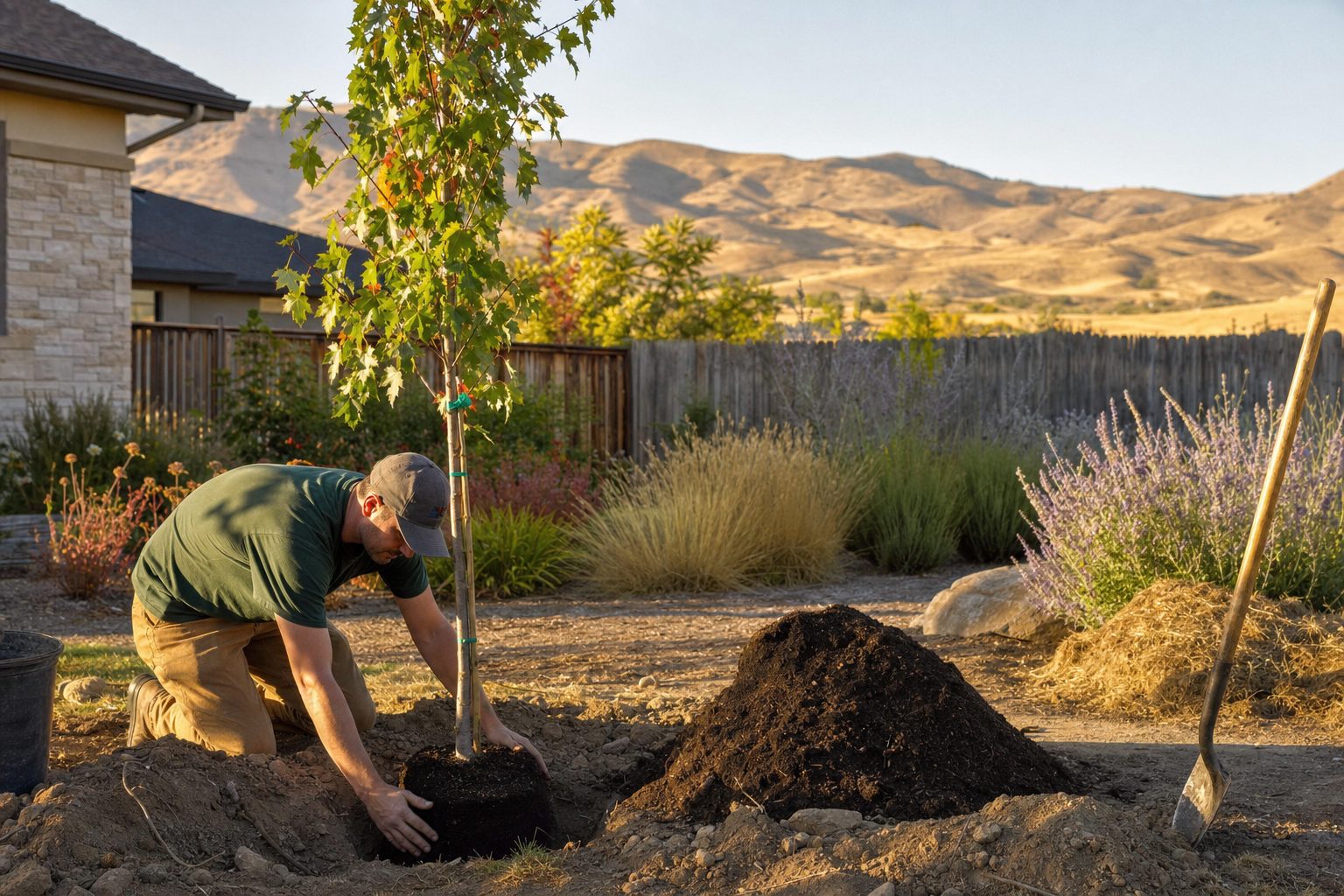 Homeowner planting a young Autumn Blaze maple sapling in early September in a Treasure Valley backyard, freshly dug hole with soil amendment mixed into native alkaline clay, Boise Foothills in the background, Russian sage and ornamental grasses in established beds, warm golden afternoon light