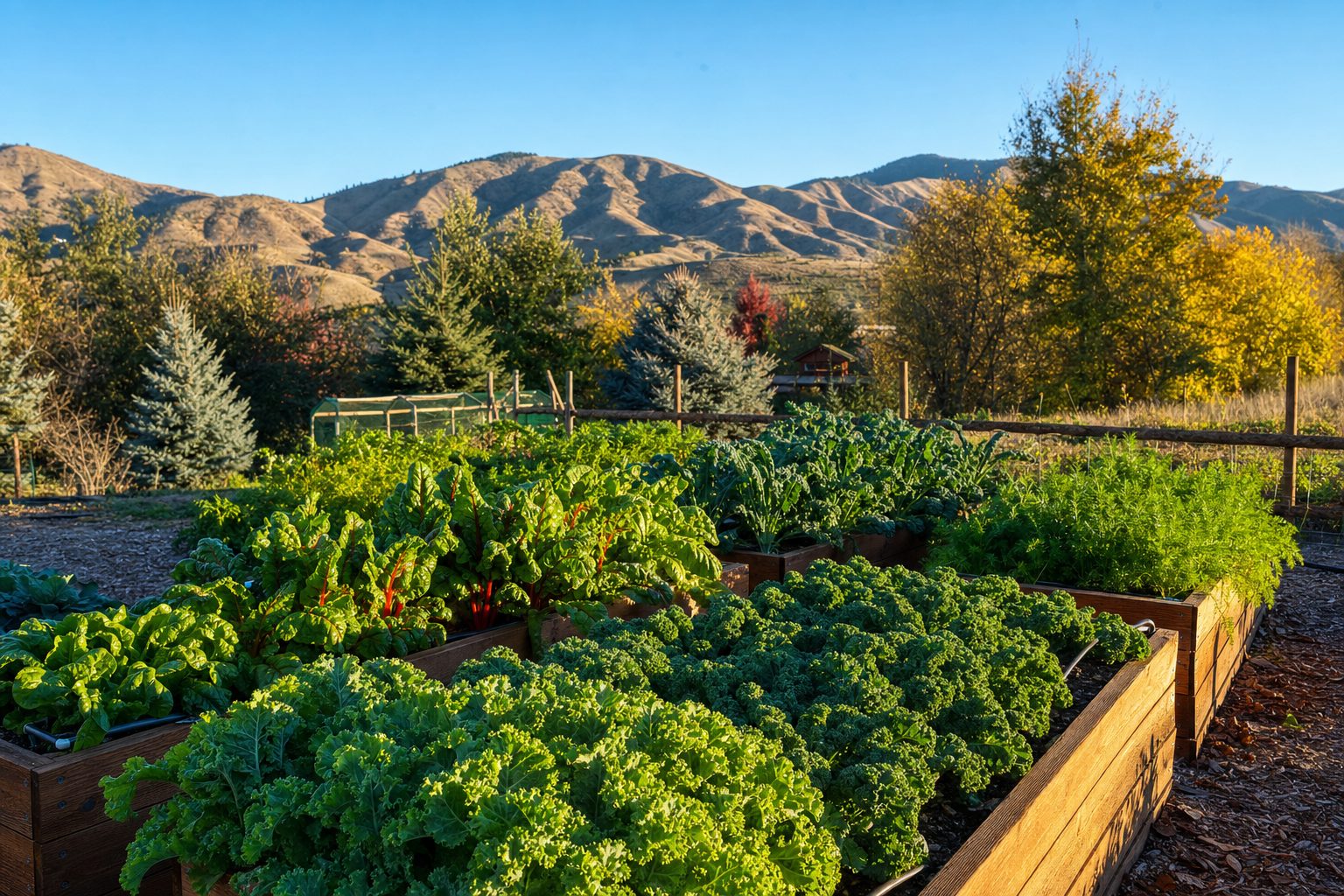 Fall vegetable garden in the Treasure Valley with raised cedar beds full of leafy green kale and Swiss chard, carrot tops, warm autumn afternoon light with Boise Foothills in the background