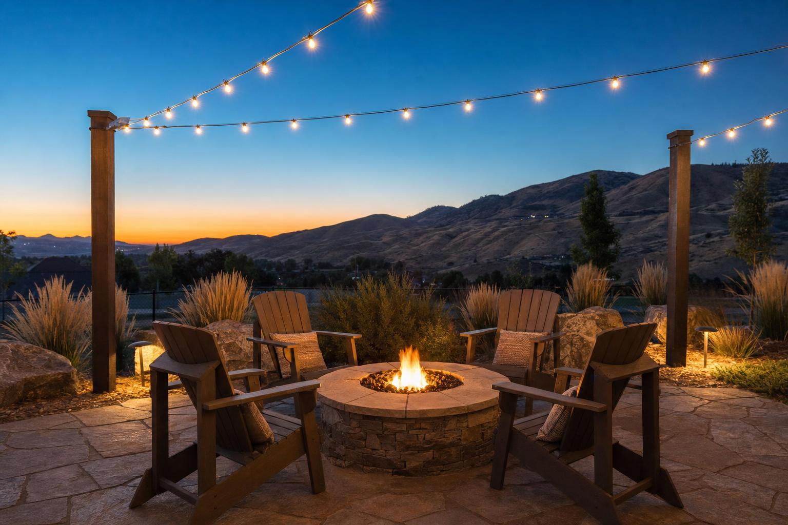 Stone fire pit with glowing fire on a flagstone patio at twilight, with Adirondack chairs, string lights, and the Boise Foothills on the horizon