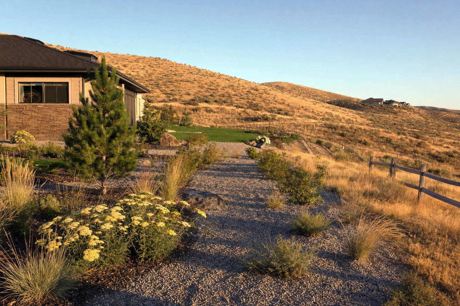 Firewise landscape with defensible space around a Boise Foothills home, low-growing fire-resistant native plants replacing dry cheatgrass, gravel mulch buffer zone, dry sagebrush hills in background under golden late-summer Idaho sky