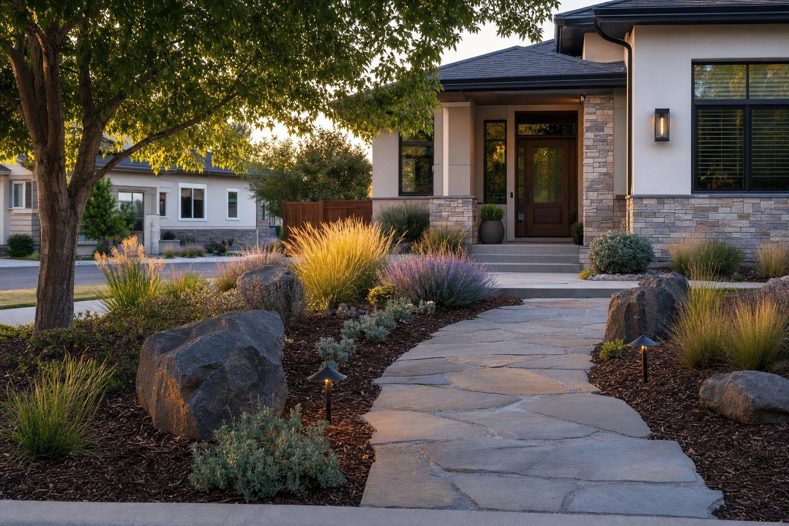 Treasure Valley front yard landscaping with flagstone walkway, native drought-tolerant plants, Russian sage, ornamental grasses, basalt boulders, and bark mulch beds leading to a home entry