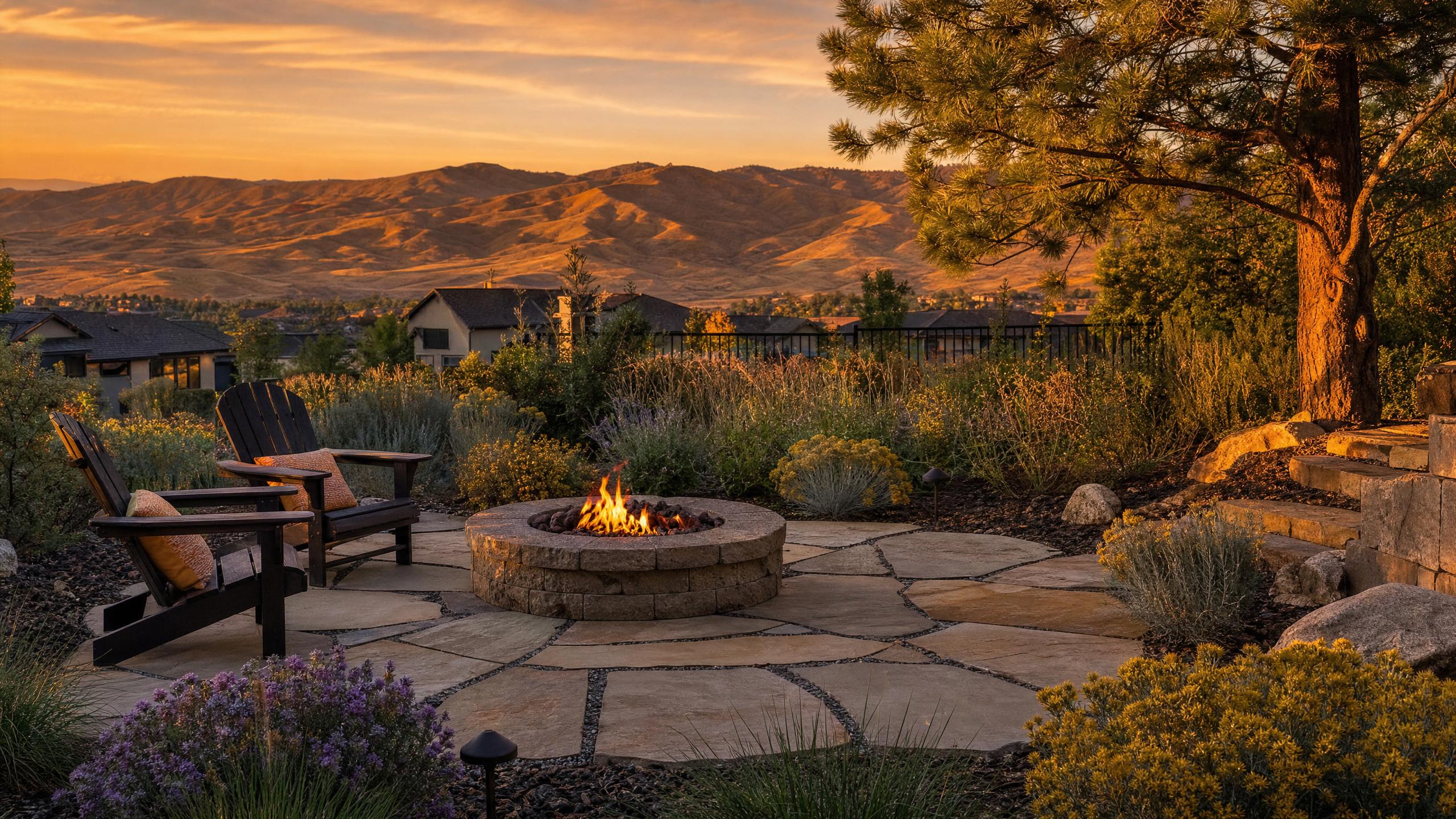 Treasure Valley landscape design with Boise Foothills, flagstone patio with fire pit, native plants, Ponderosa Pine, and xeriscape zones