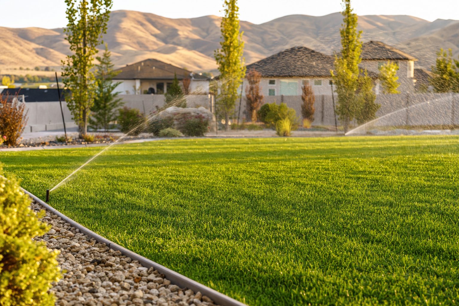 Pop-up pressurized irrigation sprinklers watering a Treasure Valley fescue lawn in golden September light, with homes and the dry Boise foothills in the background
