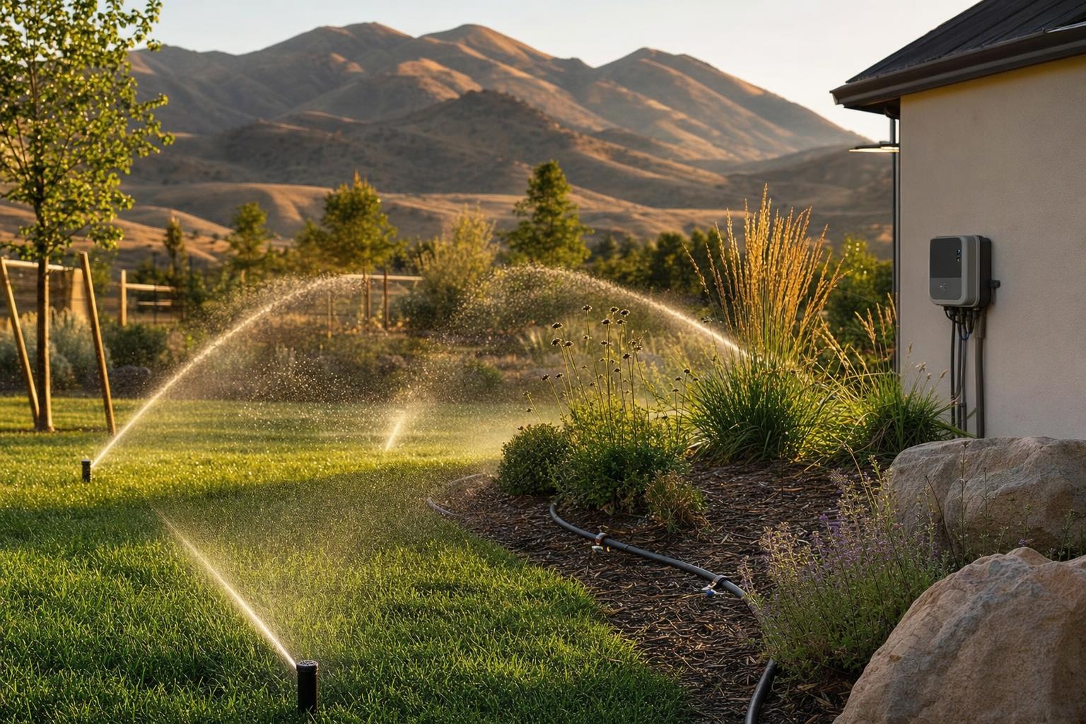 Treasure Valley backyard irrigation system with sprinkler heads spraying water arcs across a green lawn, drip lines in planting beds, and Boise Foothills in the background at golden hour