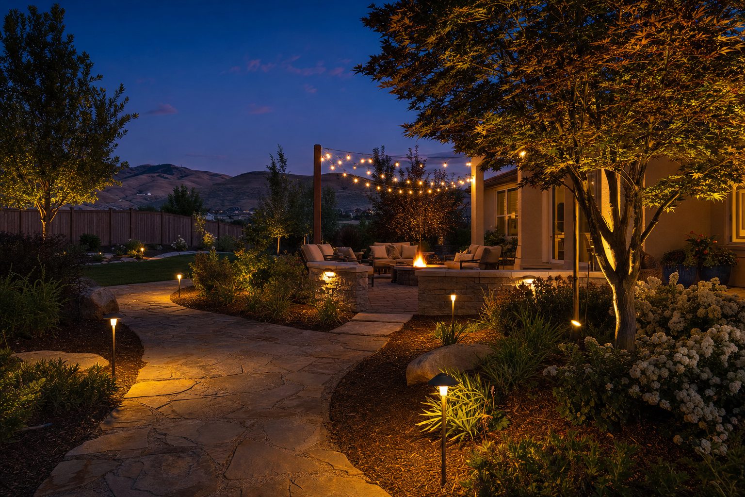 Landscape lighting at dusk in a Treasure Valley backyard with warm LED path lights along a flagstone walkway, uplit trees, and string lights over a stone patio with Boise Foothills silhouette