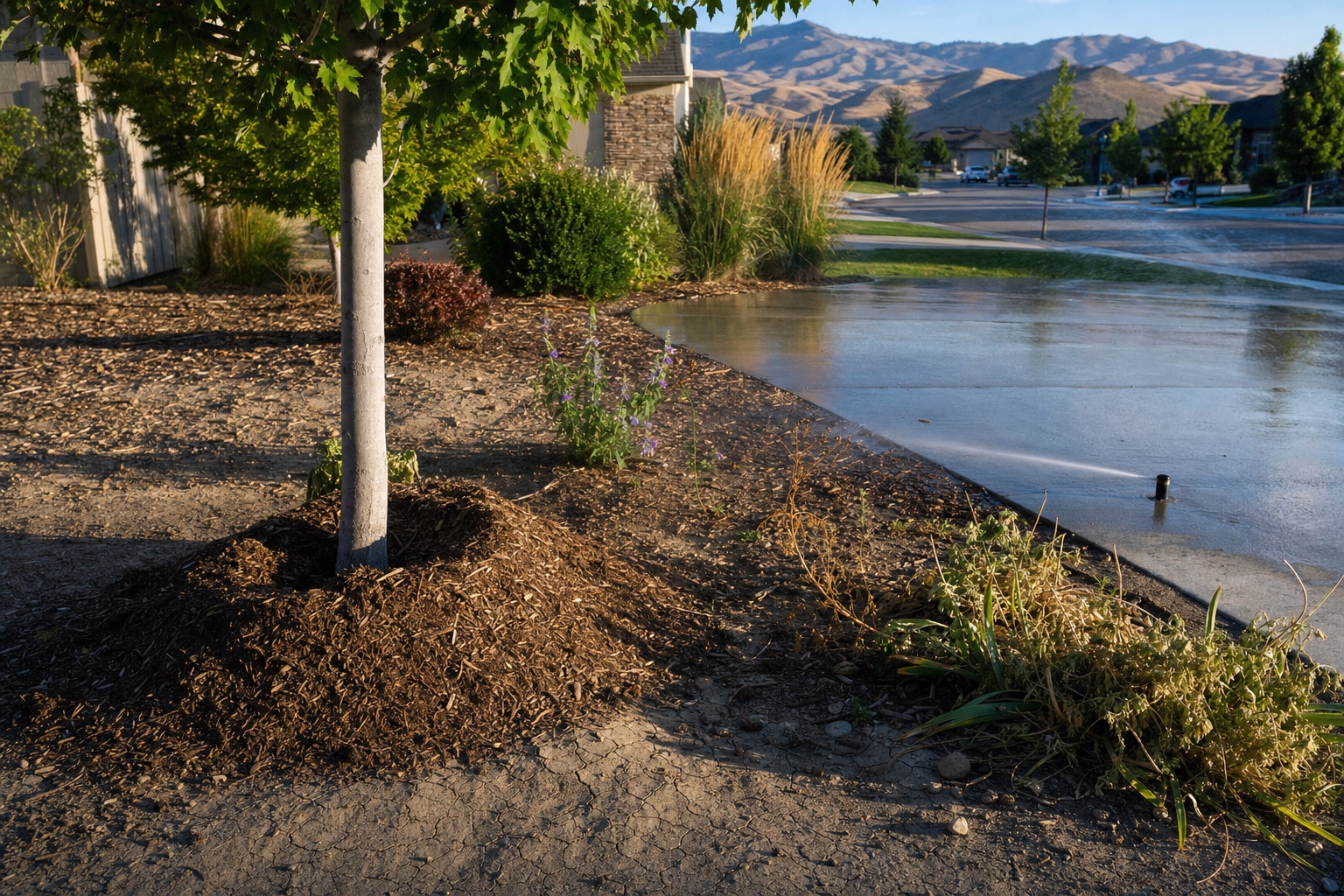 A Treasure Valley backyard showing common landscaping mistakes: mulch volcanoes around a tree trunk, sprinkler overspray on pavement, and cracked clay soil in a bare patch with the Boise Foothills in the background