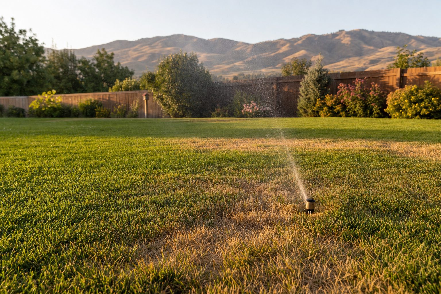 Late summer Treasure Valley backyard lawn with patches of brown heat-stressed Kentucky bluegrass and green recovering sections, sprinkler watering in golden hour light with Boise Foothills in the background