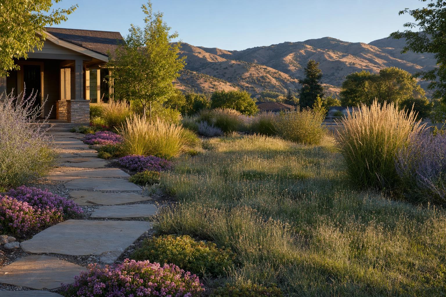 Treasure Valley front yard where traditional lawn has been replaced with buffalo grass, blue grama, creeping thyme, and ornamental grasses, with the Boise Foothills in the background at golden hour