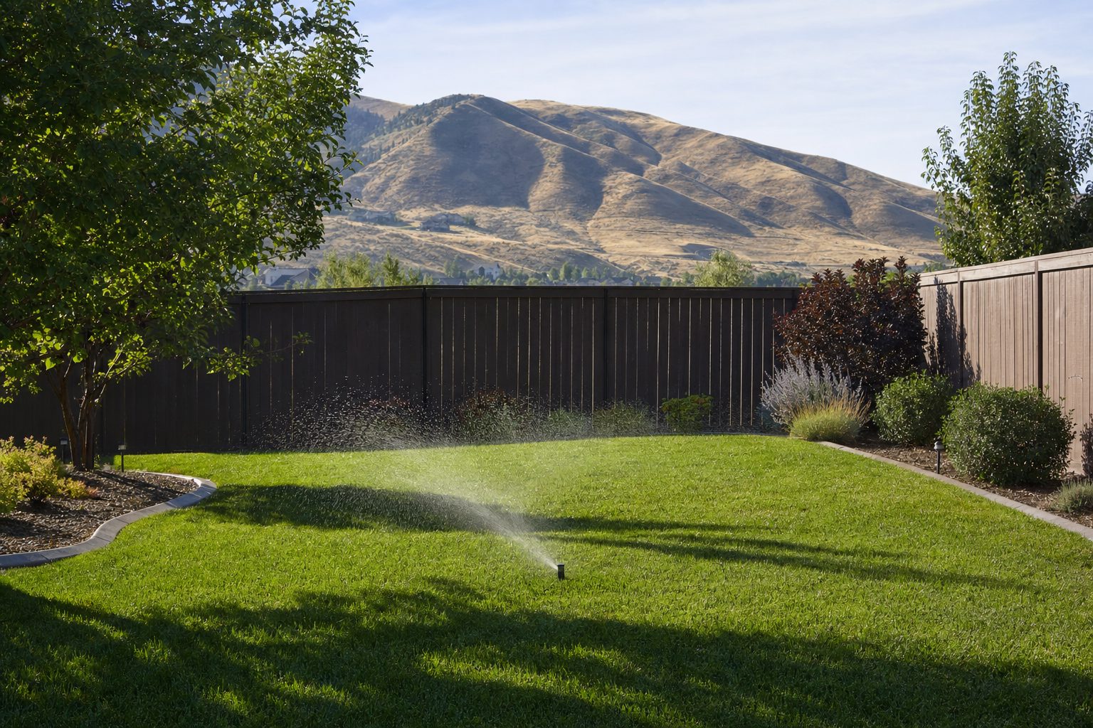 Lush green Kentucky bluegrass lawn in a Treasure Valley backyard with Boise Foothills in the background, sprinkler system watering the grass on a late summer afternoon