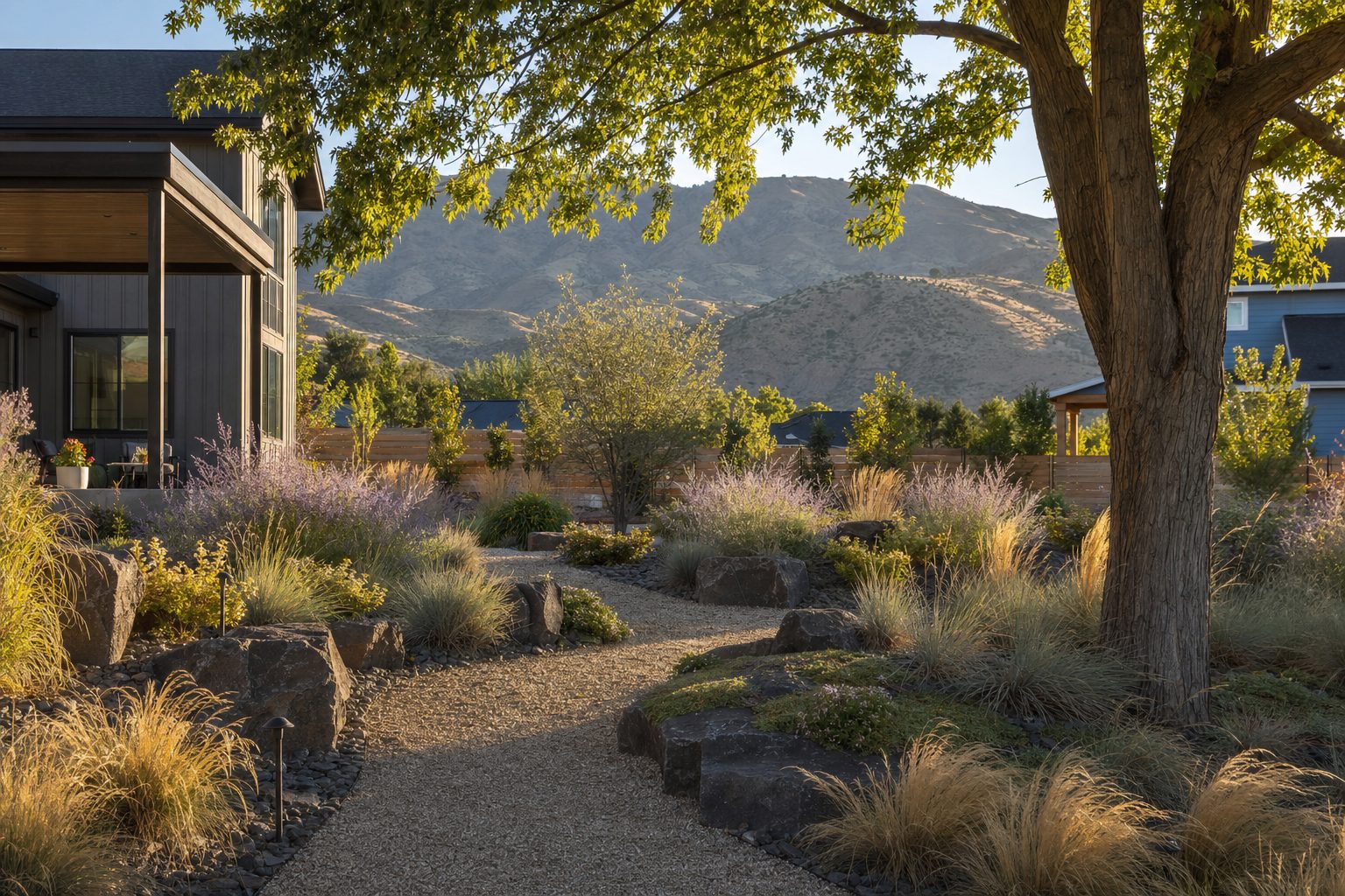 Low-maintenance Treasure Valley backyard with crushed granite paths winding through drought-tolerant ornamental grasses and Russian sage, basalt boulder accents, no lawn area, mature shade tree, Boise Foothills in the background at golden hour