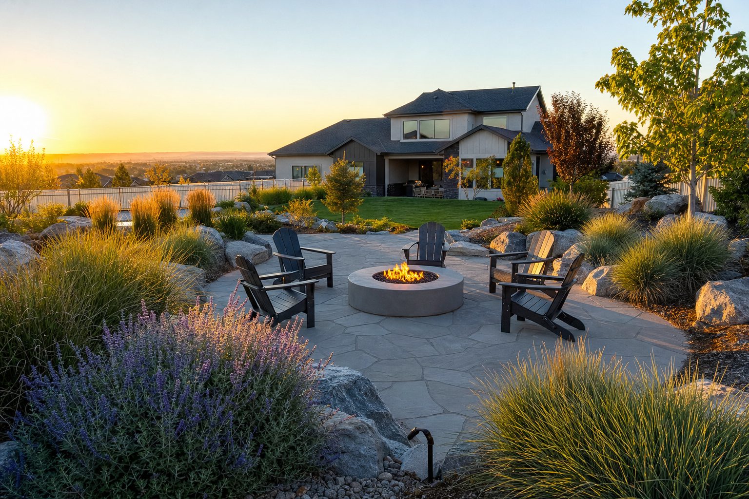 Meridian, Idaho residential landscape with flagstone patio, fire pit, drought-tolerant ornamental grasses, Russian sage, and landscape boulders in a suburban Treasure Valley backyard