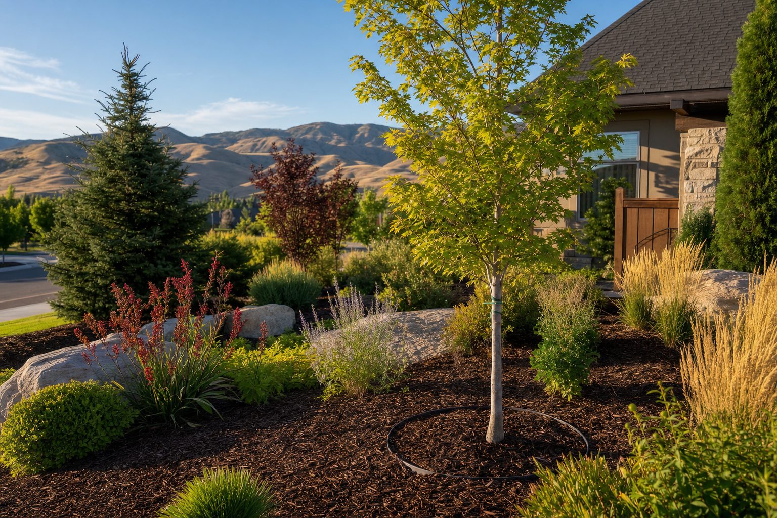 Freshly mulched Treasure Valley front yard with dark brown bark mulch around drought-tolerant ornamental grasses and a young maple tree, Boise foothills in the distance under a clear summer sky