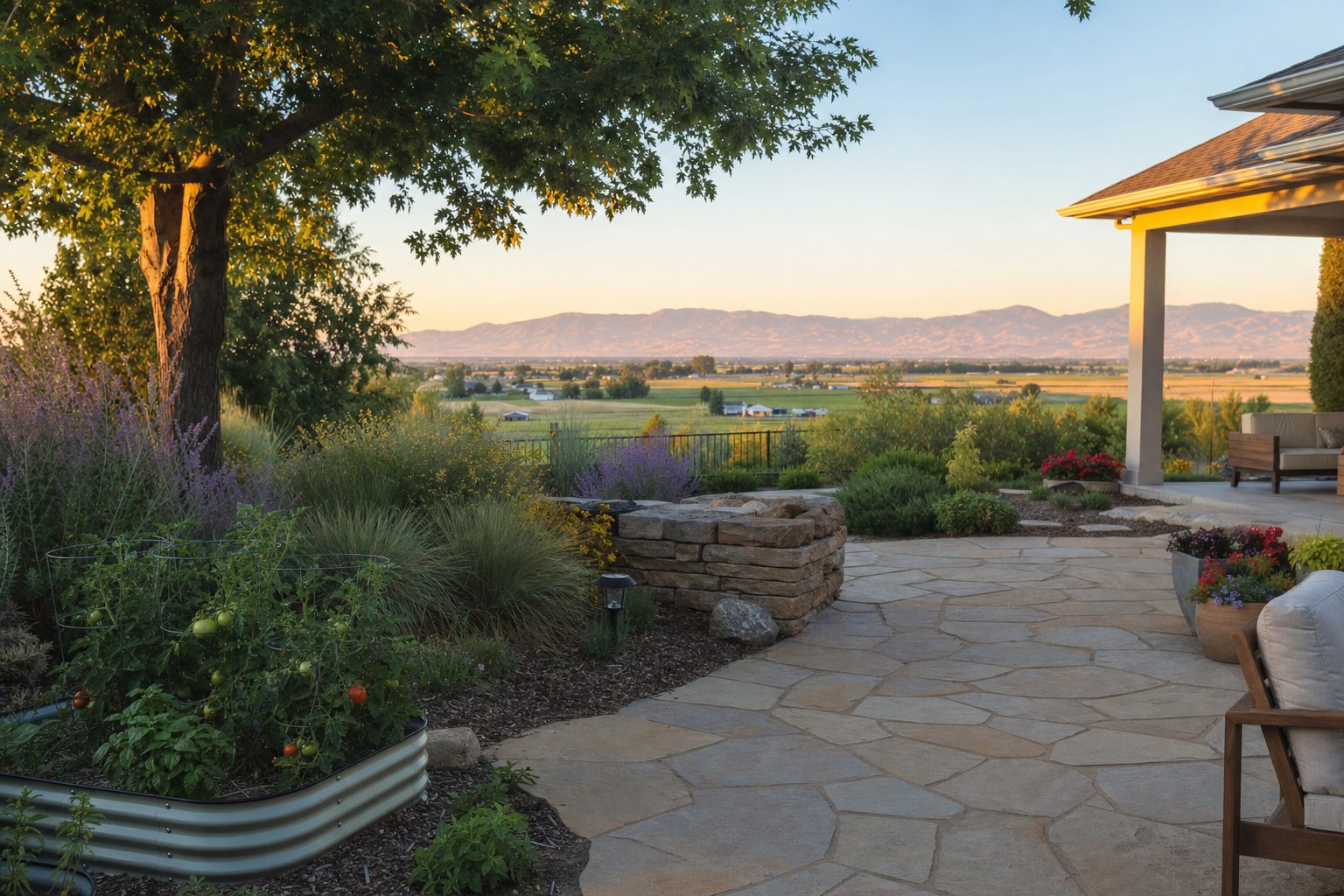 Nampa, Idaho residential backyard with flagstone patio, raised garden beds, mature shade trees, stone retaining wall, drought-tolerant ornamental grasses and Russian sage, with the flat valley floor and Owyhee Mountains in the distance