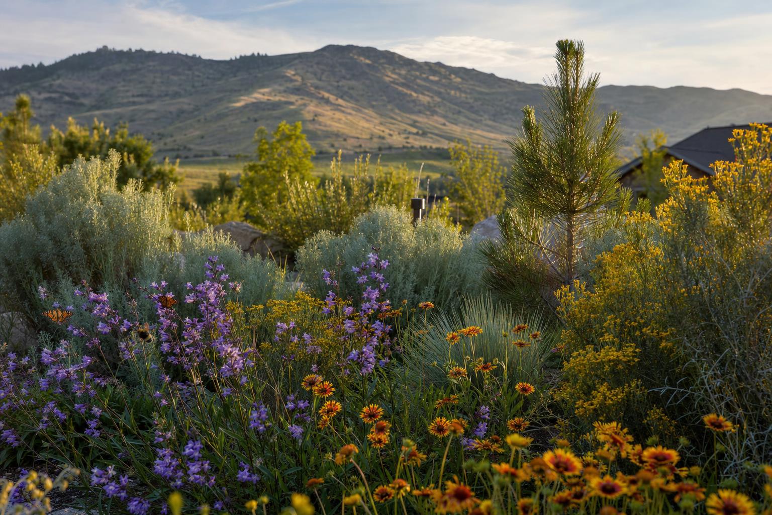 Native Idaho plants including sagebrush, rabbitbrush, penstemon, blanket flower, bluebunch wheatgrass, and Ponderosa pine in a naturalistic Treasure Valley planting