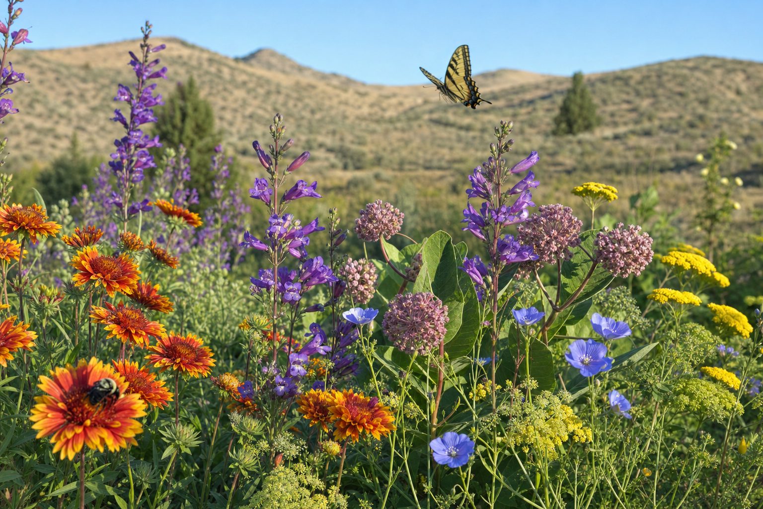 A vibrant pollinator garden in bloom in Idaho's Treasure Valley with blanket flowers, penstemon, showy milkweed, and a bumblebee and butterfly visiting the flowers under a high-desert blue sky