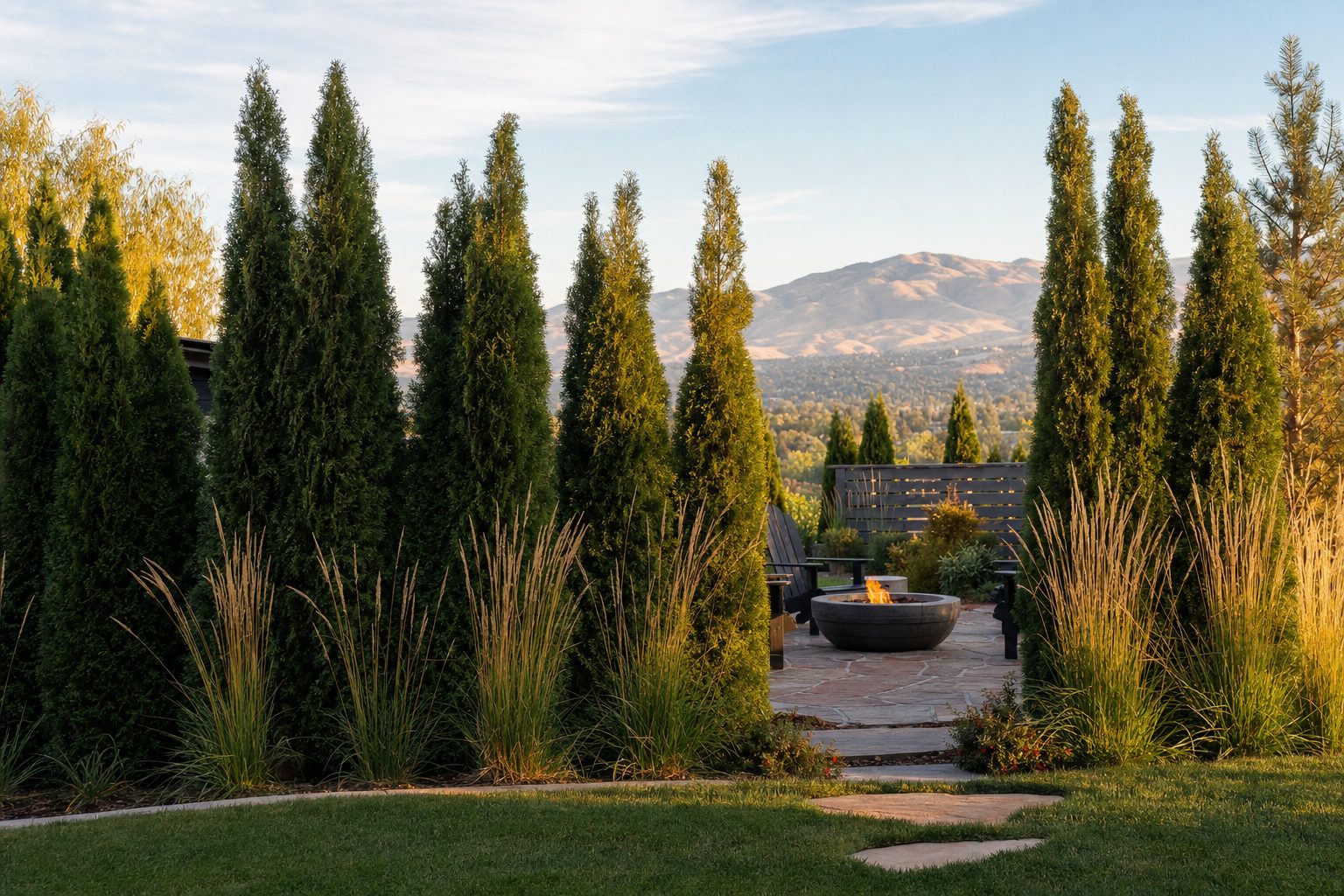 Layered privacy screen of columnar junipers and arborvitae with ornamental maiden grass in a Treasure Valley backyard, flagstone patio visible through a gap, Boise Foothills in the background