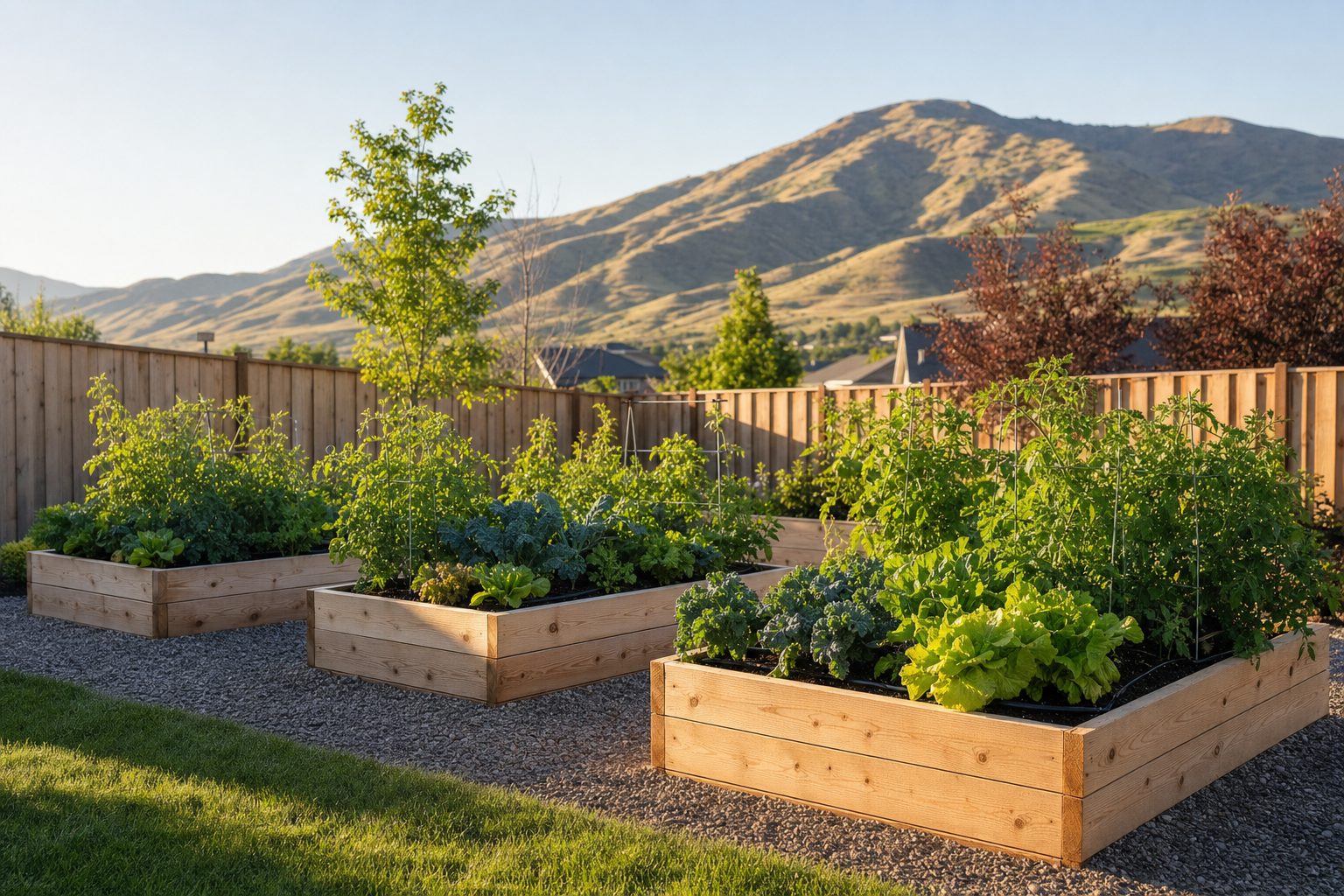 Three raised cedar garden beds in a Treasure Valley backyard filled with lush vegetables — tomatoes, kale, and beans — with drip irrigation lines and the Boise foothills in the background under a clear blue summer sky