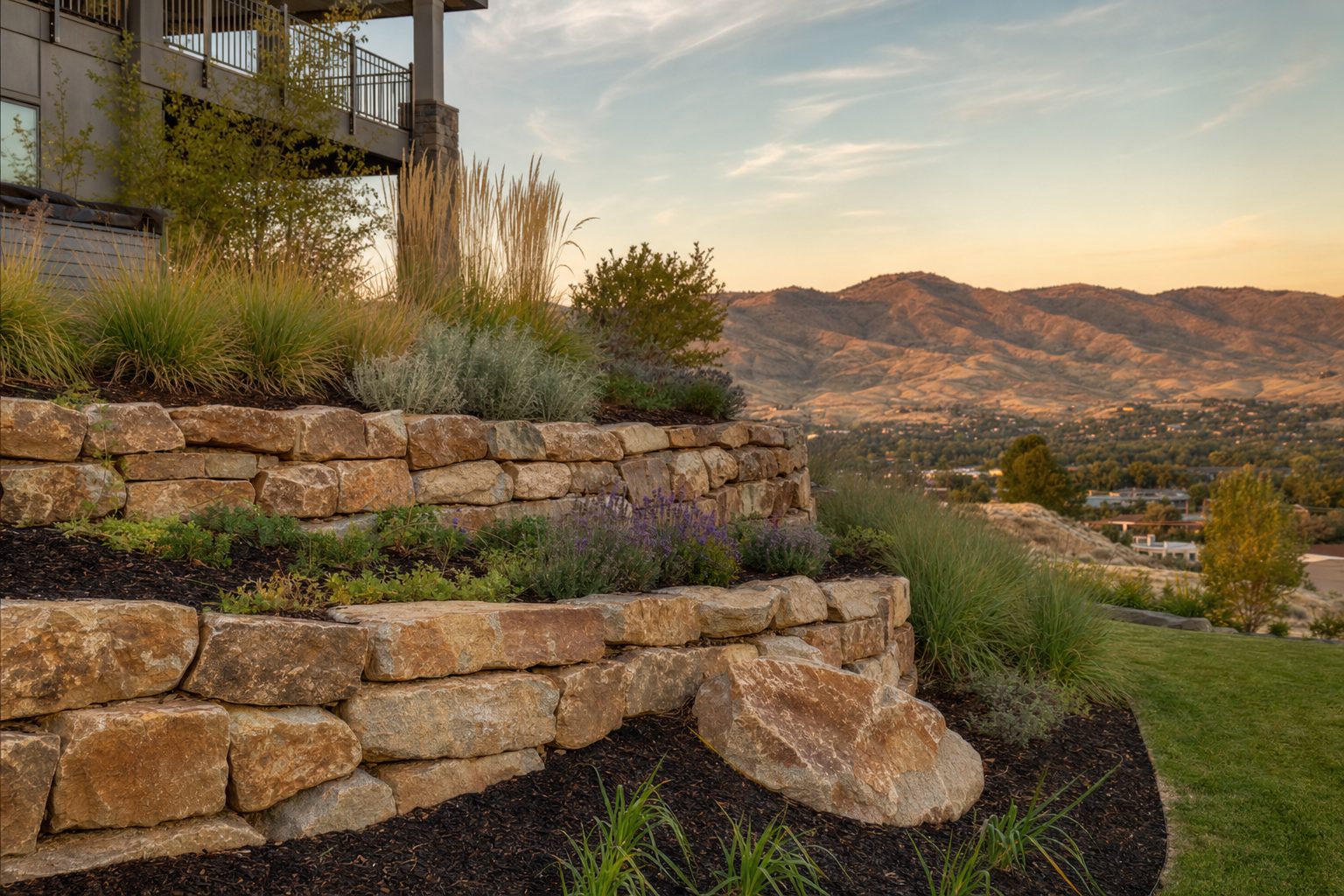 Stacked natural stone retaining wall terracing a sloped Treasure Valley backyard with drought-tolerant ornamental grasses and sage on top, Boise Foothills visible in the background at golden hour