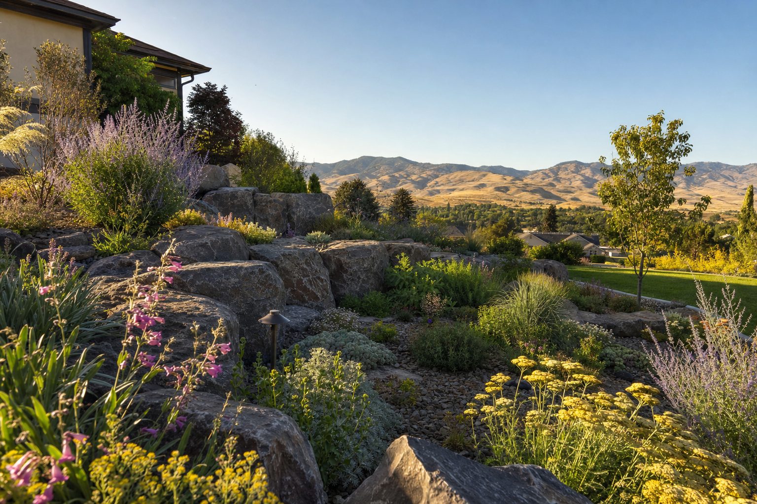Residential rock garden in the Idaho Treasure Valley with local basalt boulders, quartzite gravel, drought-tolerant penstemon, yarrow, and Russian sage growing between stones with the Boise Foothills in the background