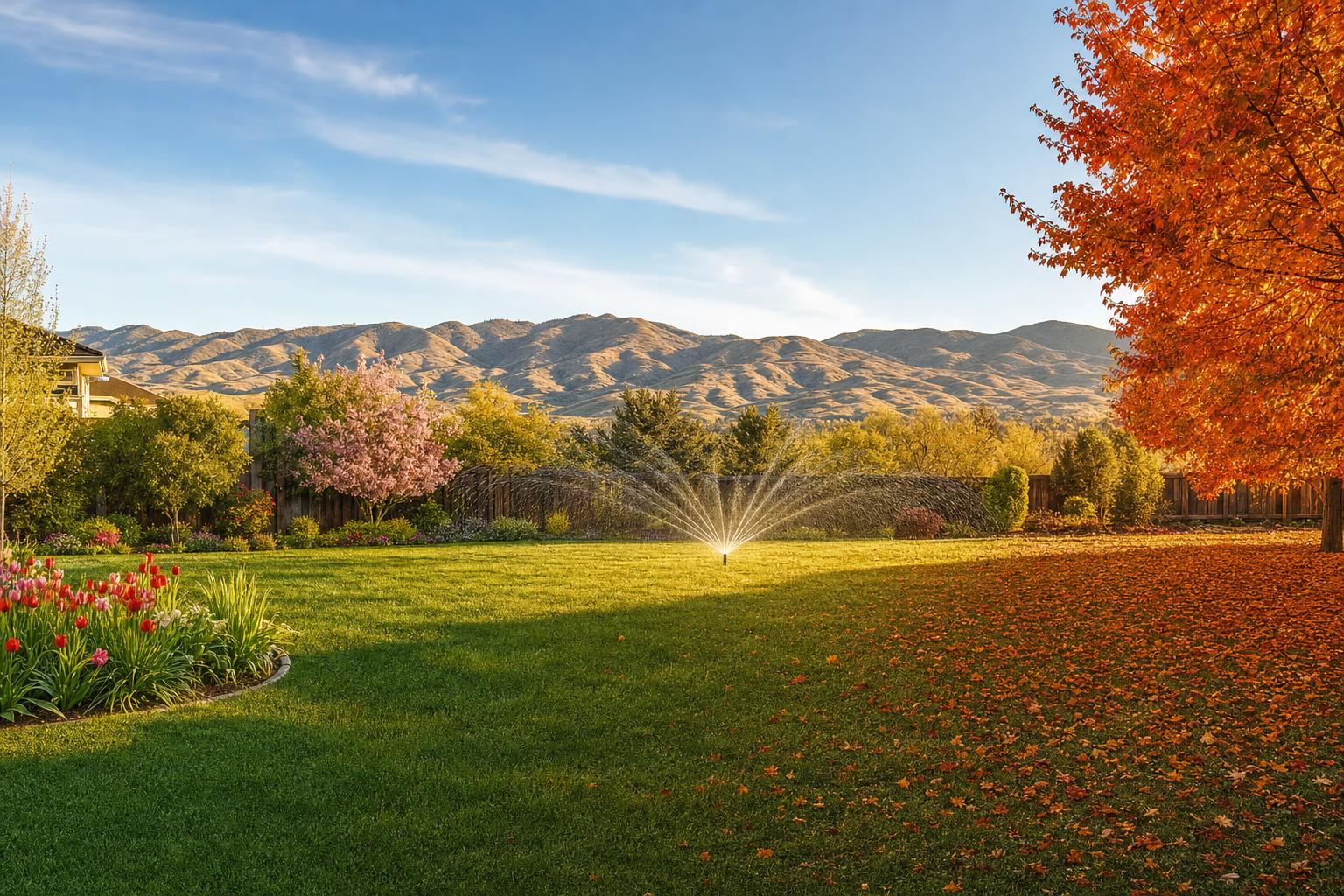 Treasure Valley backyard showing seasonal transitions from spring blooms through summer irrigation to autumn color