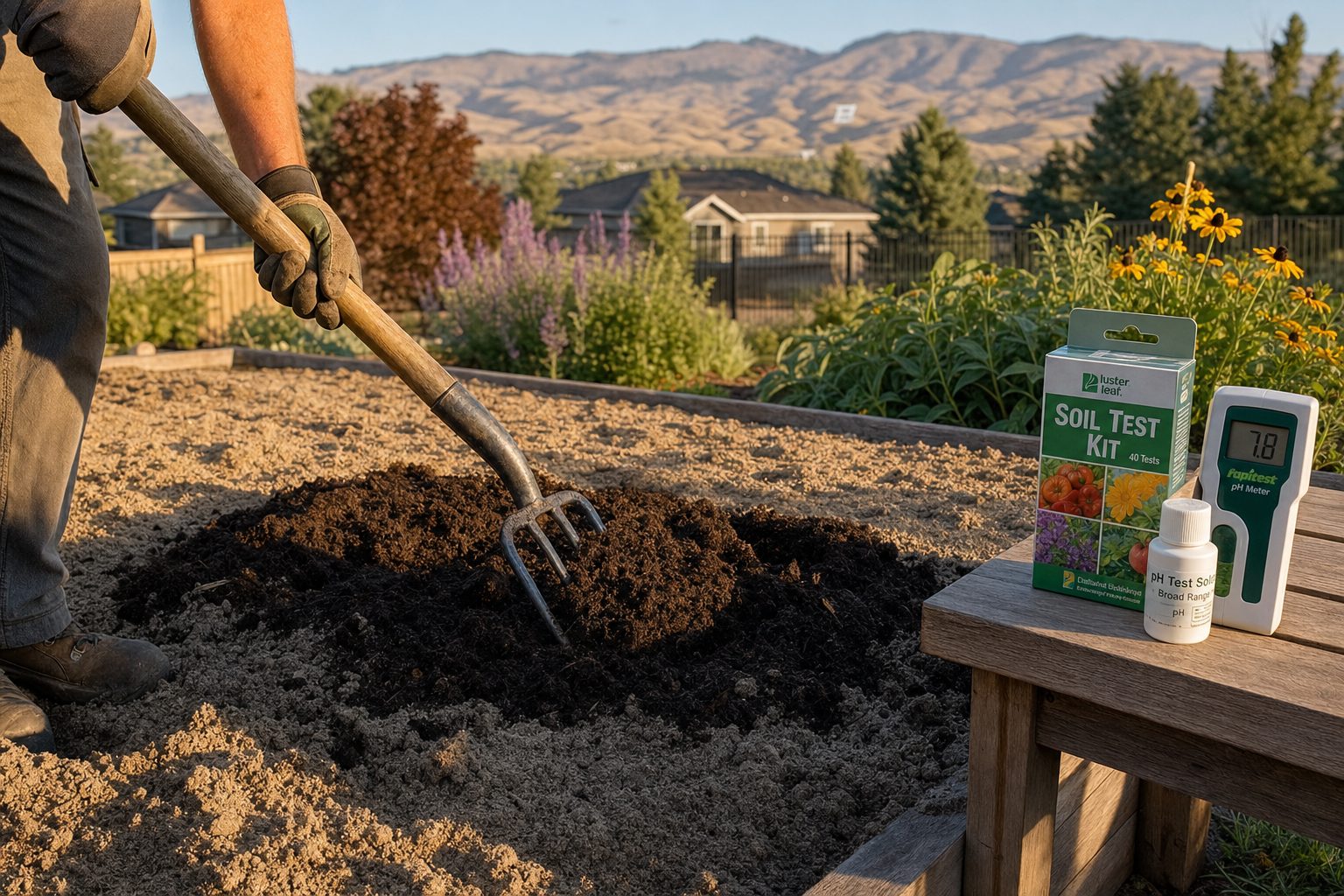 Garden fork mixing dark compost into light tan alkaline sandy loam soil in a Treasure Valley backyard, with a soil test kit and pH meter on a wooden bench and Boise foothills in the distance