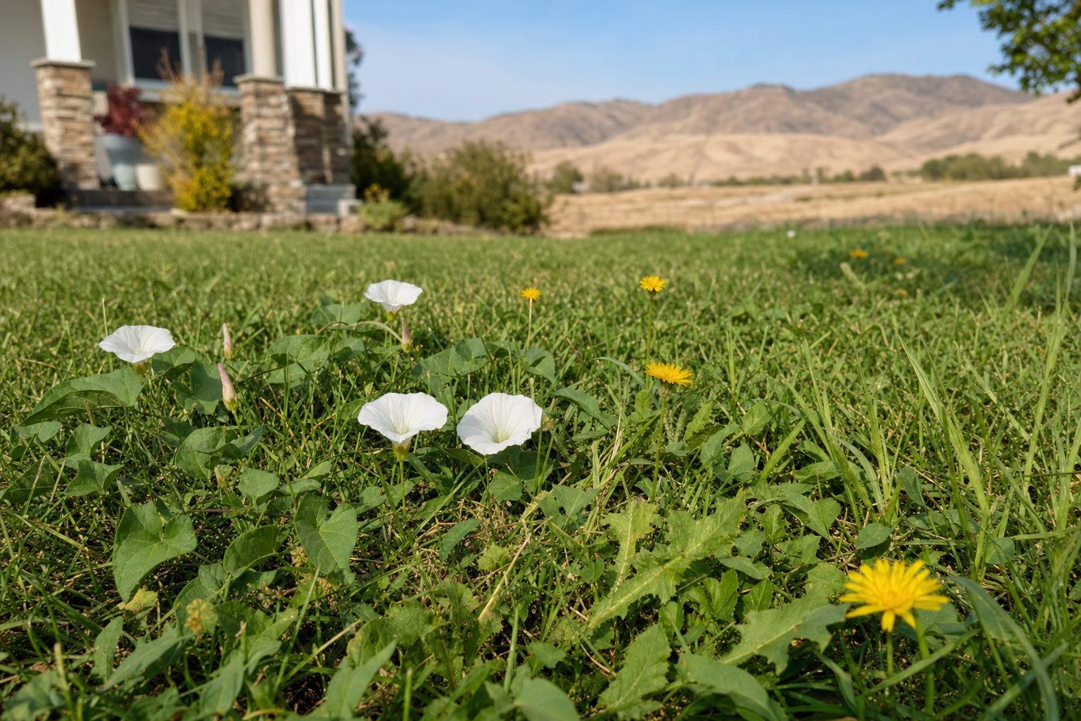 Treasure Valley residential yard in August with field bindweed vines twining through Kentucky bluegrass lawn, dandelions and broadleaf weeds visible, dry Boise Foothills in the background