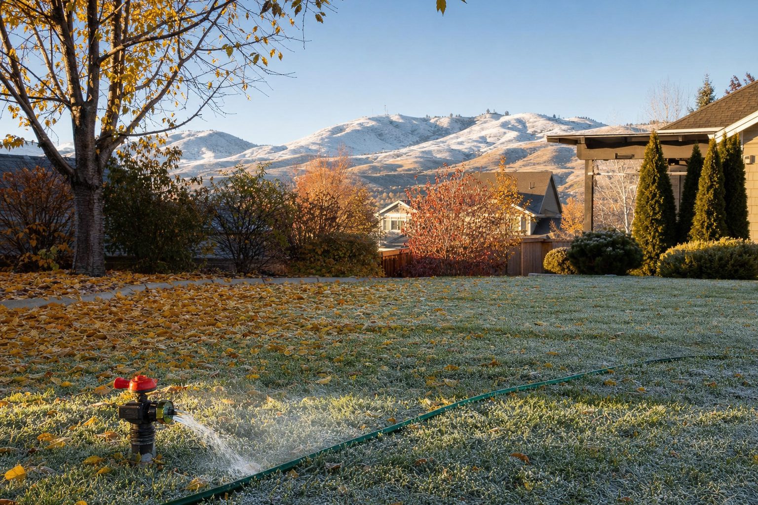 Autumn backyard in the Treasure Valley with fallen golden leaves on the grass, a sprinkler system being drained for winter, frost on the lawn in the foreground, and the Boise Foothills with early snow in the background
