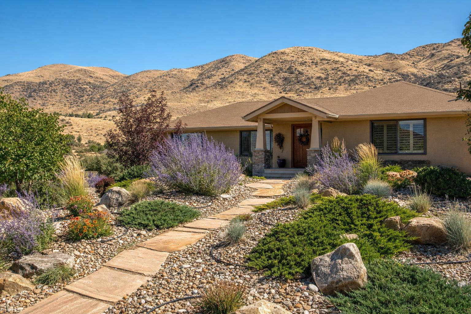 Xeriscaped front yard with native plants, gravel beds, boulders, ornamental grasses, and Russian sage in a high-desert Treasure Valley landscape